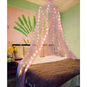 lot 49299 image: Eimilaly Two-Tone Bed Canopy Mosquito Net Pink Purple with 250pcs Warm White Lights, Bed Canopy for Girls Room Decor, Single Door - Retail $22