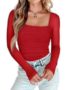 lot 49300 image: PINKMSTYLE Mesh Sheer Square Neck Long Sleeve Bodysuit for Women Sexy Going Out Tops Club Outfits Party Shirts Small black - Retail $29