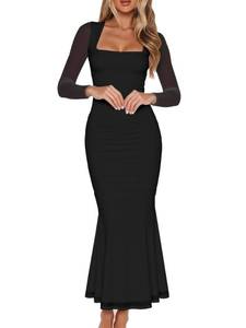 lot 49301 image: BORIFLORS Womens Ruched Bodycon Long Sleeve Maxi Dress Mesh Square Neck Cocktail Party Long Dresses, Small, Black - Retail $40