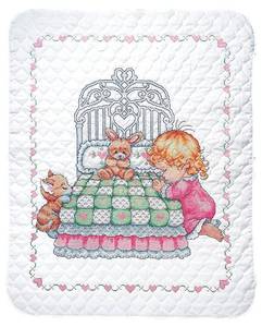lot 59378 image: Tobin Bedtime Prayer Girl Quilt Stamped Cross Stitch Kit, 36 by 43-Inch,White - Retail $37