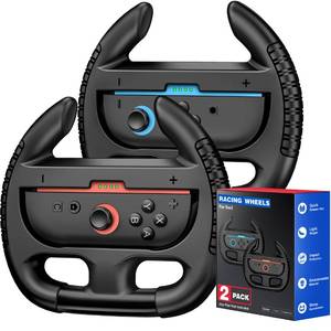 lot 59384 image: Steering Wheels for Nintendo Switch 2 (2025), Racing Wheels for Mario Kart World & 8 Deluxe, Bigger SLSR Buttons, Switch 2 Games Accessories for Switch 2 JoyCon Controller, Easy to Install, 2 Pack Black - Retail $12