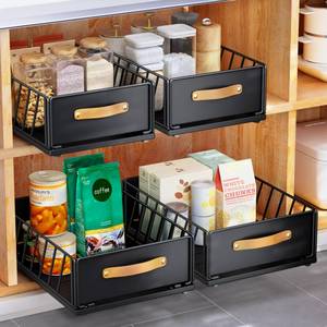 lot 59391 image: Pull out Cabinet Organizer Fixed with Adhesive Nano Film,Heavy Duty Slide out Pantry Shelves Drawer Storage,Sliding Mesh Cabinet Basket with Handle for Kitchen, Bathroom,Home, 11.8W X15.7D X6.2H - Retail $36