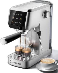 lot 63095 image: AMZCHEF Espresso Machine 20 Bar Professional Coffee Maker with Milk Frother, Adjustable Temperature & Pressure, Compact Stainless Steel Espresso Maker for Cappuccino, Latte, Mocha, 44oz Water Tank - Retail $99