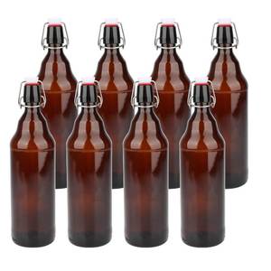 lot 63096 image: COMUDOT Glass Bottles, Refillable Brown Glass Storage Bottle with Swing Top Lids, Amber Iron Clasp Bottles with Stickers&Pen for Home Brewing, Drinks, Sauces, Industrial products, etc (1000ML, 8 PCS) - Retail $28