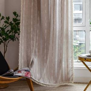 lot 63108 image: Linen Curtains 108 Inches Long for Living Room 2 Panels Set, Embroidery Farmhouse Tassel Boho for Bedroom Light Filtering Window Rod Pocket Drapes (52 W x 108 L, Khaki) - Retail $57