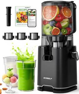 lot 63117 image: ECOSELF Cold Press Juicer with 3 Filters (For JuiceSorbetNut Milk), Juicer Machines With 6.0 Wide Mouth Hopper, Self Feeding & Hands-Free Design, Juicer for Family Gathering Party, With Pusher - Retail $75