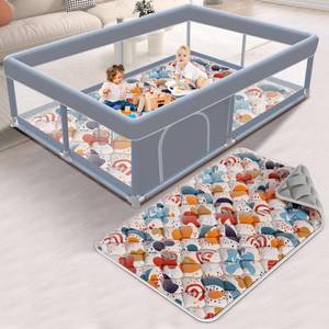 lot 63122 image: XVISHX 65 x 50 Inch Baby Playpen with Mat, Playpen for Babies and Toddlers, Baby Play Pen Playard for Indoor & Outdoor Active Center Game Fence, Skin-Friendly Fabric and Soft Breathable Mesh, Grey - Retail $80