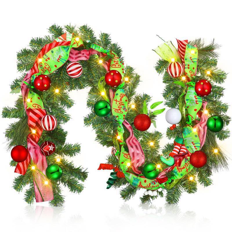 lot 3857 image: Thiccywoov 6 Ft LED Prelit Christmas Pine Garland Lighted Greenery Pine Garland with Balls, Indoor Outdoor Christmas Decorations for Mantel Staircase Banister Fireplace Table(Green,Typical)