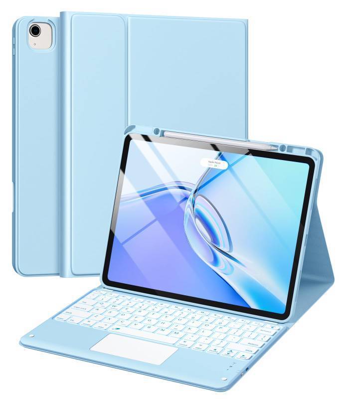 lot 51681 image: Harvopu for iPad Air 13 inch & Pro 12.9 Case with Keyboard - Multi-Touch Trackpad, 7 Colors Backlit, Detachable Folio Keyboard Cover for iPad Pro 12.9 (6th, 5th, 4th, 3rd gen), Air 13 M3M2 (Sky Blue) - Retail $40