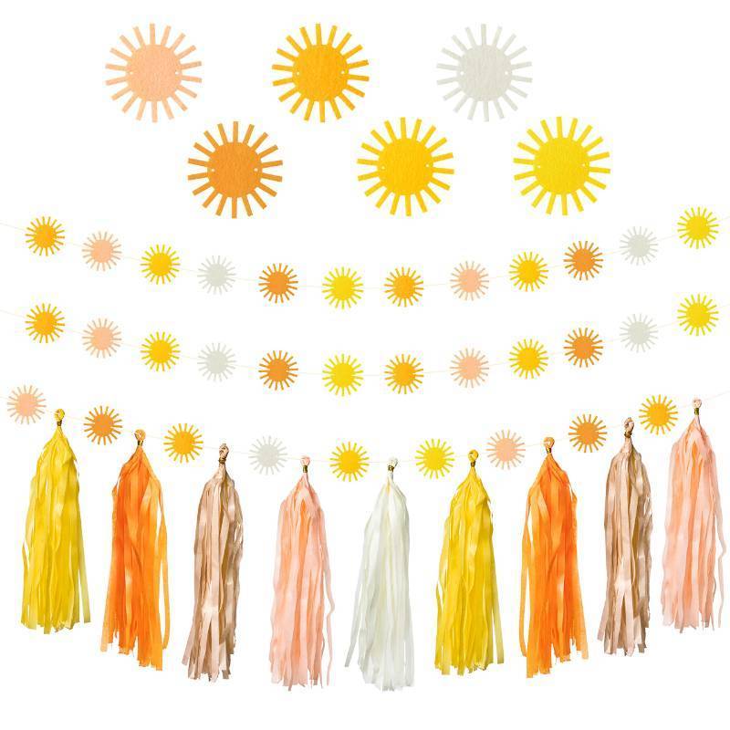 lot 51687 image: G1ngtar 53 Pcs Boho Sun Garland Tassel Banner Hippie Muted Sunrise First Trip Around the Sun Party Decoration Supplies Aesthetic Indoor Outdoor Artificial Felt Wall Decor Birthday Baby Shower Wedding - Retail $12