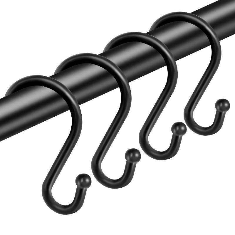 lot 51689 image: TOPROD Shower Curtain Hooks Rings, Stainless Steel S Shaped Shower Hooks Rust Proof, Metal Shower Curtain Hangers for Shower Curtains, Kitchen, Wardrobe & Garden, Matte Black, Set of 12 - Retail $9