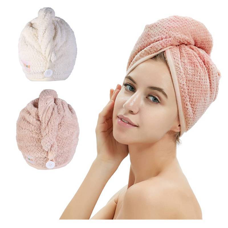 lot 28075 image: M-bestl 2 Pack Microfiber Hair Towel Wrap,Hair Drying Towel with Button, Hair Towel Turban,Quick Dry,Anti-frizz,Absorbent Head Towel (Pink&Beige)