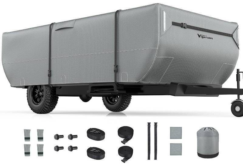 lot 63793 image: Vigorvan Pop Up Folding Camper Cover Fits 12-14 Trailers, Upgraded 7 Layers Top Tent Trailer Cover, Anti-UV & Waterproof Folding Trailer Cover with Windproof Straps