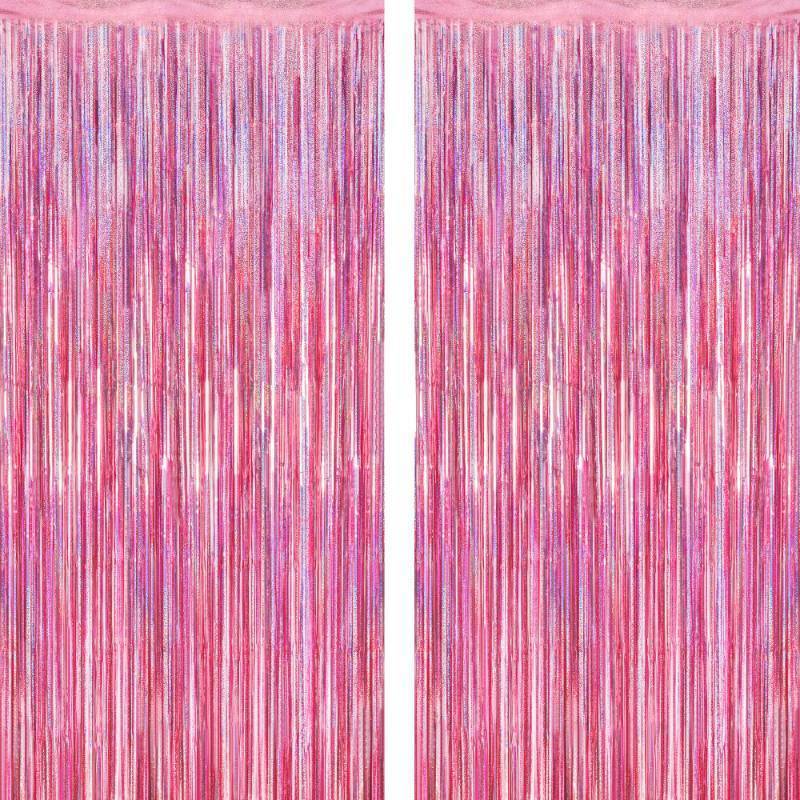 lot 27064 image: 2 Pack Glitter Pink Backdrop, 3.28 FT x 7.05 FT Birthday Party Decorations, Laser Pink Fringe Curtains Foil Streamer Tinsel, Pink Curtains Photo Backdrop Happy Birthday Backdrop
