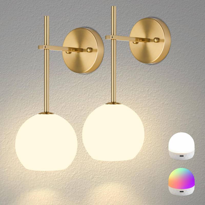 lot 47493 image: Gold Battery Operated Wall Sconces Set of 2, Rechargeable Wireless Wall Lights with Milky White Frosted Glass Shade, 12 RGB and 3CCT Dimmable, Wall Lamps with Remote for Bedroom Living Room Hallway - Retail $41
