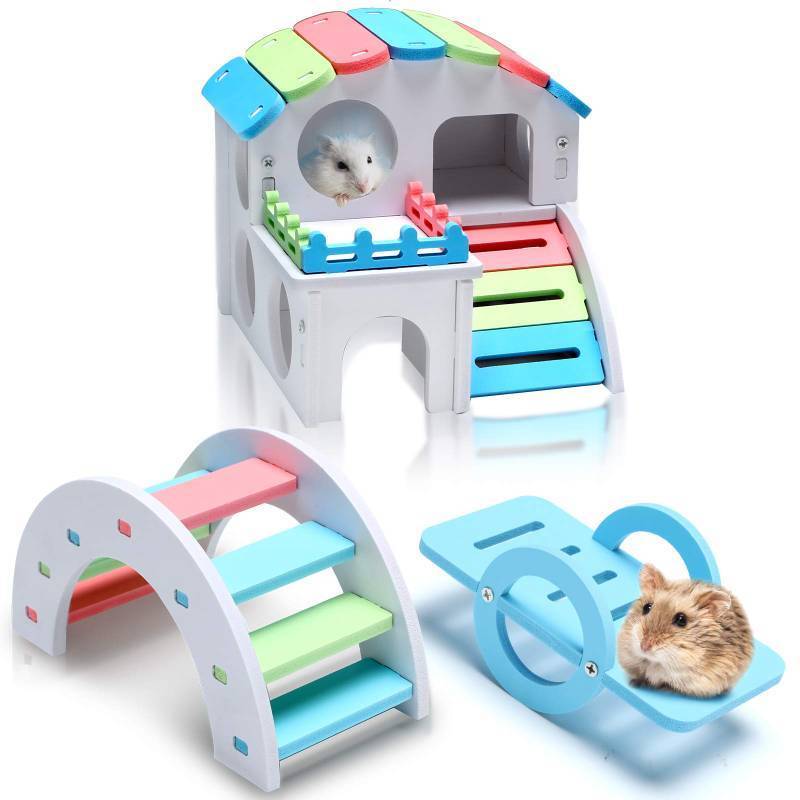 lot 56690 image: 3 Pieces Fun Hamster Guinea Pig Hideout Kit Include PVC Hamster House, Rainbow Bridge, Seesaw DIY Exercise Playhouse for Rats Mouse Small Animals(Small,Rainbow Color) - Retail $13