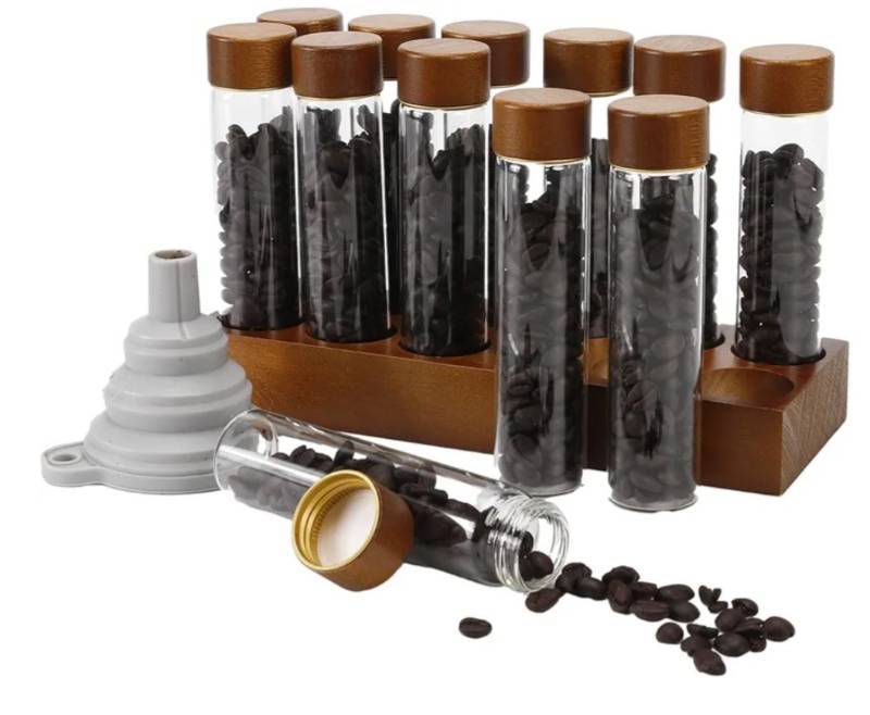 lot 56698 image: Coffee Espresso Bean Storage Tubes Set 12pcs 60ml Airtight Glass Single Bean Coffee Storage Tube with Bamboo Lids & Walnut 12-Slot Stand, Espresso Container with Funnel & Labels for Barista