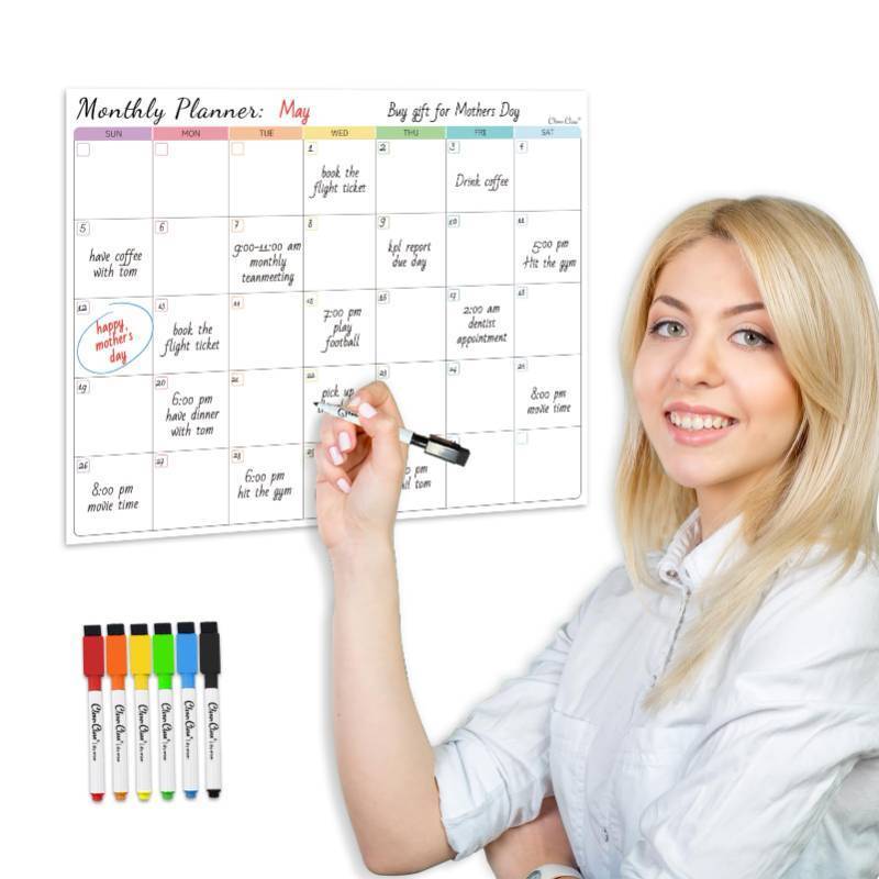 lot 28448 image: Non-Magnetic Dry Erase Calendar for Fridge - Reusable Monthly Calendar Sticks to Most Smooth Surfaces - 6 Dry Erase Markers Included - Shipped Flat