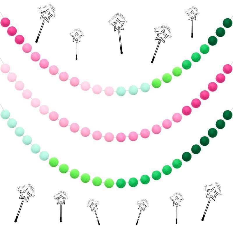 lot 25890 image: Mindsoft 3 Pcs Pink and Green Felt Garland Witch Party Decorations Pompom Ball Garland 8.2 ft Princess and Witch Banner with 24 Pompom Balls Ornaments for Birthday Party Decoration