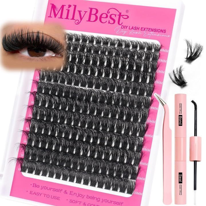 lot 27210 image: MilyBest Lash Clusters Kit 100D Fluff Cluster Eyelash Extensions 10-18mm Individual Lashes Clusters D Curl Lash Extension Kit, Waterproof Thick Volume Eyelash Clusters with Bond & Seal, Tweezers