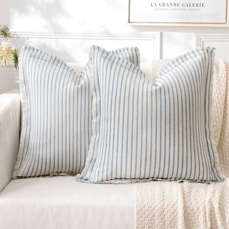lot 46850 image: MIULEE Pack of 2 Light Blue Pillow Covers 18x18 Inch Striped Farmhouse Couch Spring Spring Throw Pillow Covers with Fringe Chic Cotton Decorative Cushion Covers for Sofa Living Room Bed Home Decor