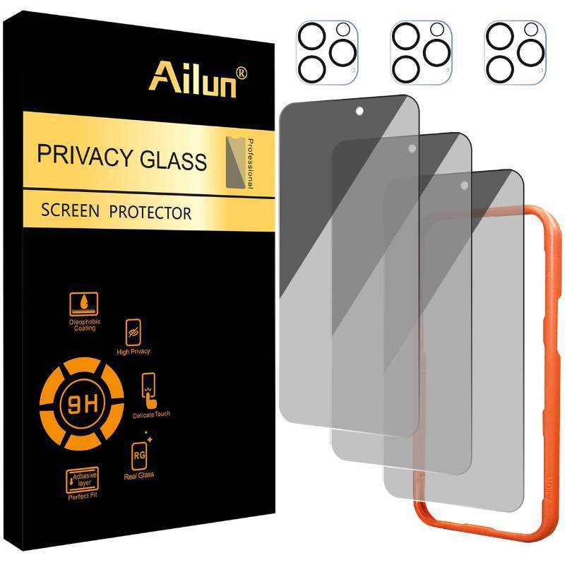 lot 52685 image: Ailun 3 Pack Privacy Screen Protector for iPhone 16 Pro Max 6.9 inch 3 Pack Camera Lens Protector,Dynamic Island Compatible,Anti Spy Tempered Glass9H HardnessNot for iPhone 16e1616Pro16Plus