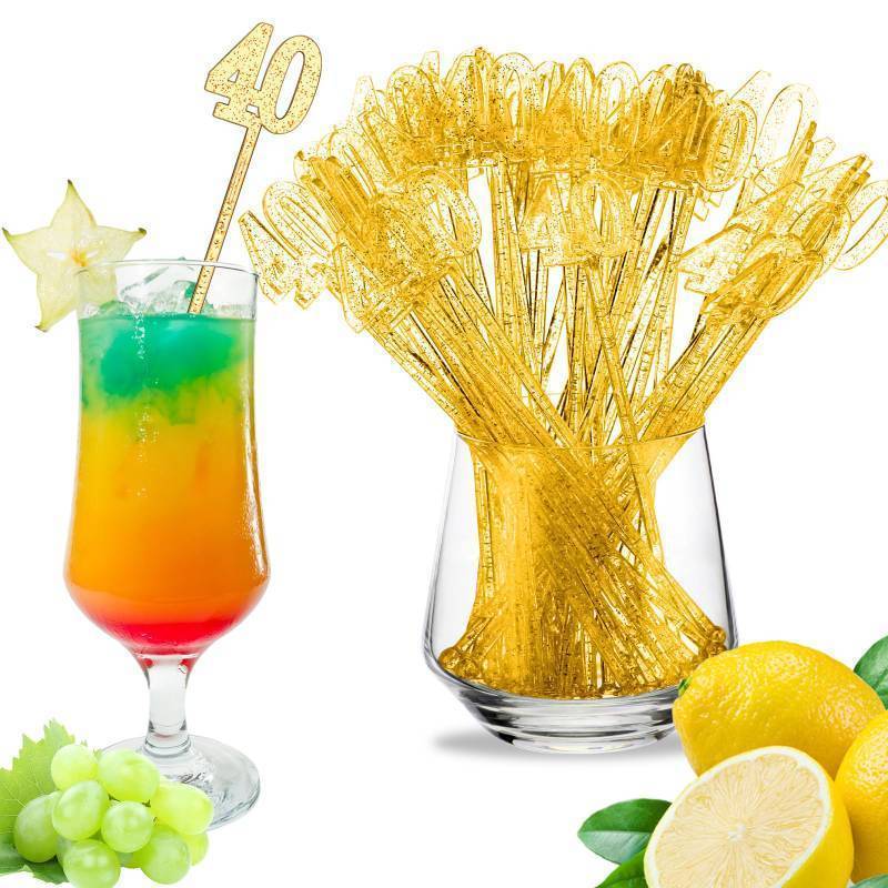 lot 25654 image: Reallnaive 100 Pcs 40th Birthday Drink Stirrers Gold Glitter Cocktail Stirrers Plastic Swizzle Sticks 7.5 Inch Fall Birthday Cupcake Toppers Sticks Bulk for Coffee Bar Cake Pops Christmas Party Favor