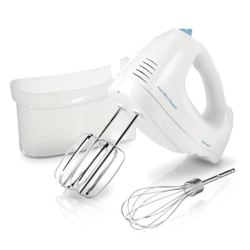 lot 47802 image: Hamilton Beach 6-Speed Electric Hand Mixer with Whisk, Traditional Beaters, Snap-On Storage Case, 250 Watts, White Tested Powers On