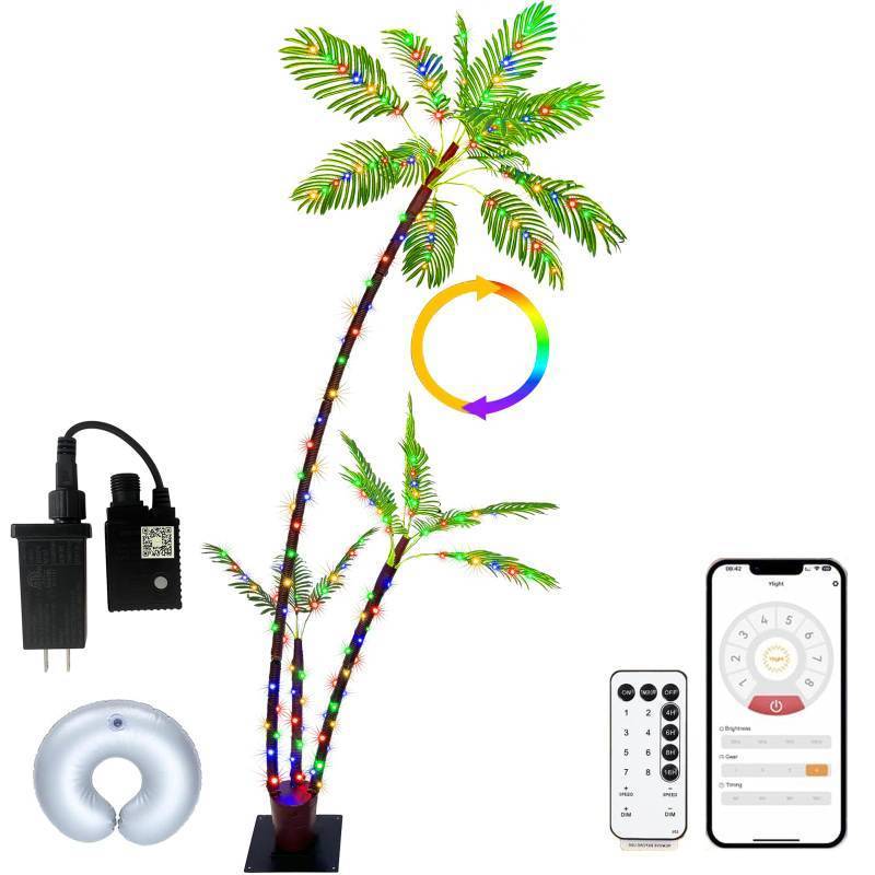 lot 55506 image: SOSHOT 7FT Lighted Artificial Palm Tree with Three Trunks and 242 LED Lights with Remote Control and App Waterproof for Tiki Bars, Patios,Beaches,Yards Pool, Cruise Party-Warm White to Multicolor