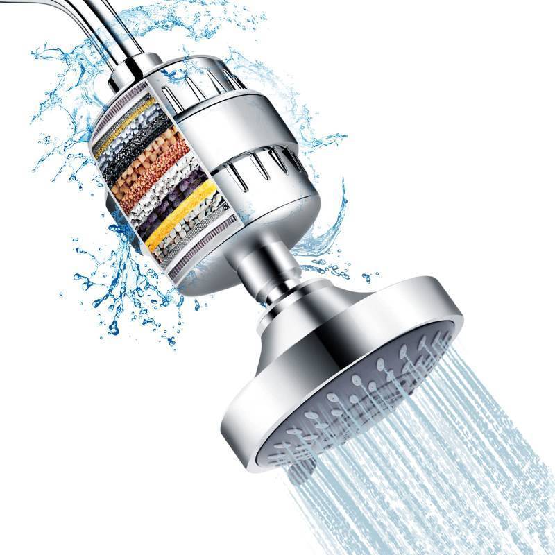 lot 23804 image: FEELSO Shower Head and 15 Stage Shower Filter Combo, High Pressure 5 Spray Settings Filtered Showerhead with Water Softener Filter Cartridge for Hard Water Remove Chlorine and Harmful Substances