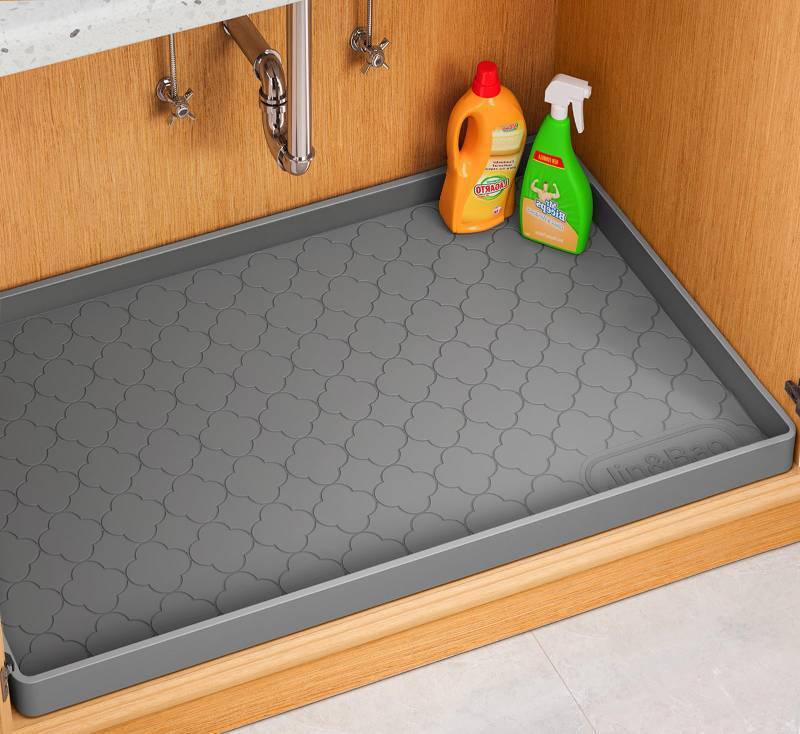 lot 39307 image: Jin&Bao Waterproof Under Sink Mat 34 x 22, Thick Silicone Mat Cabinet Protector for Kitchen and Bathroom, Shelf Liner, Home Organizer and Storage, Multipurpose Tray for Gadgets and Essentials