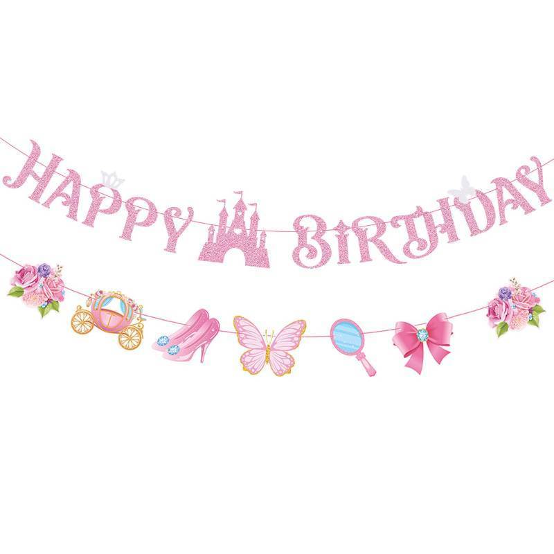 lot 39463 image: GZDUCK Princess Happy Birthday Banner for Girls- Pink Princess Birthday Party Decorations, Pink Happy Birthday Banner with Castle, Crown for Girl 1st 2nd 3rd Birthday Baby Shower Decorations - Retail $7