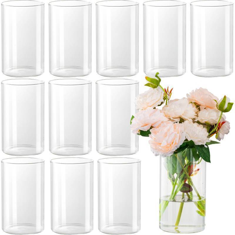lot 48044 image: DYMFADFB 12pcs Glass Cylinder Vases for Centerpieces - 6 Inch Tall Flower Vase for Wedding Decorations, Clear Glass Flower Vases Floating Candle Holder for Table Centerpiece Wedding Home Decor - Retail $35