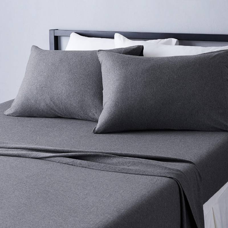 lot 48079 image: Amazon Basics 4 Piece Bed Sheet Set, 100% Cotton Jersey, Includes Super Soft, Flat and Fitted Sheets, Pillowcase, Full, Dark Gray, Solid - Retail $32