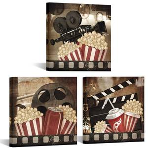 lot 616 image: iKNOW FOTO Vintage Movie Canvas Art Black and Red Wall Art Classic Film Reel Cinema Popcorn Pictures Printed on Canvas Painting Stretched and Framed Ready to Hang Home Movie Theater Deco - Retail $30