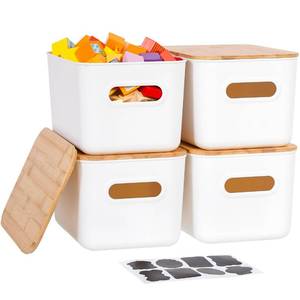 lot 617 image: Citylife 4 PCS Storage Bins with Bamboo Lids Plastic Storage Containers for Organizing Stackable Storage Box with Handle, 10.23 x 7.08 x 6.3 inch - Retail $30