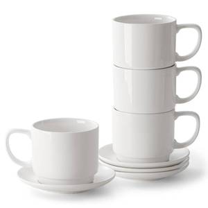 lot 620 image: DOWAN 12oz Coffee Mugs, Cappuccino Cup and Saucer Set of 4, White Ceramic Coffee Cups for LatteTeaMilk, Tea Cups for Use in Office, Home and Cafes, Microwave Safe - Retail $36