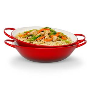 lot 623 image: ONE DISH KooK Stir Fry Bowl, Wok Dish, Classic Thai, Ceramic Mini Wok, Stoneware Serving Bowls, For Soups and Pastas, Oven, Dishwasher and Microwave Safe, Cherry Red, 40 oz - Retail $30