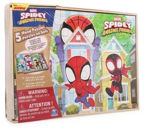 lot 624 image: Unmanifested for Pieces As Is Disney Junior Marvel Spider-Man Spidey Amazing Friends - Set of 5 Wood Puzzles with Storage Box for Kids - Ages 4 and Up - Retail $18