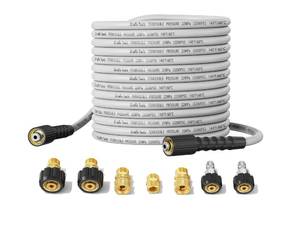 lot 643 image: Giraffe Tools Pressure Washer Hose 100FT X 14, 3200 PSI Pressure Washing Hose, Kink Resistant, Heavy Duty Power Washer Hose, M22 to 38 Quick Connect Couplers for Replacement, 7 Accessories - Retail $72