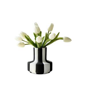 lot 654 image: Modern Nordic Black and White Striped Ceramic Vase �� Rough-Textured Minimalist Tabletop Decor for Living Room, Bedroom, Office �� Unique Centerpiece for Wedding or Housewarming Gift - Retail $17