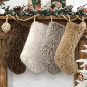 lot 671 image: Teeanzo 4 Pcs Christmas Plush Stockings 18 Inch Large Faux Fur Xmas Stocking Neutral Colors of White Brown Grey Holiday Classic Hanging Ornaments Socks for Xmas Home Decorations Party Fireplace Decor - Retail $20