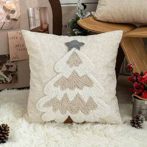 lot 679 image: VANNCIO Christmas Tree Tufted Pillow Cover, Burlap Holiday Farmhouse Decorative Throw Pillow Sham with Snowflakes Embroidery, for Fall Winter Home Decoration, 18x18 inches, 1PCS - Retail $19