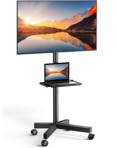 lot 695 image: PERLESMITH Rolling TV Stand on Wheels for 23-60 Inch Flat Curved Screen TVs, Mobile TV Cart Height - Adjustable with ShelfTray, Portable TV Stand Holds up to 55 lbs, Max VESA 400x400mm, PSTVMC04, MISSSINF INSTRUCTION BOOK - Retail $50