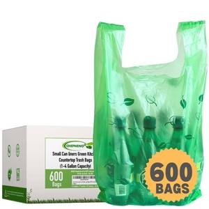 lot 732 image: T-shirt Biodegradable Green Plastic Bag (600 ct.) Small Can Liners Thank You Grocery Shooping Size Doggy Poop Bags Compatible with Arm & Hammer Swivel Bin & Rake pooper scooper Multipurpose Bags - Retail $23