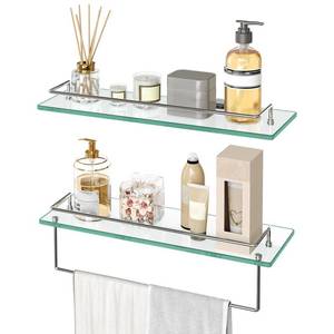 lot 751 image: HOOBRO Glass Shelves for Bathroom, 15.7 Inch Floating Glass Shelf for Wall, Set of 2 Tempered Stainless Steel Wall Mounted Stand for Toilet, Room Decor, Silver SV02BJ01 - Retail $36