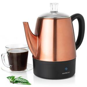 lot 756 image: Mixpresso 4 Cup Percolator Coffee Pot Electric, Copper Stainless Steel Coffee Percolator Electric With Keep Warm Function, Classic Perculator Pot With Removable Basket for Home or Office - Retail $50