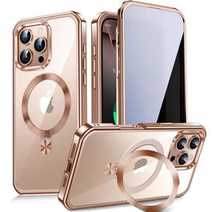 lot 768 image: CD Metal Ring Stand  Built-in Privacy Screen Protector Magnetic Case for iPhone 16 Pro 6.3 Soft Bumper Full Signal Compatible with MagSafe 9H Glass Full Body Shockproof Clear Case, Desert Gold - Retail $25