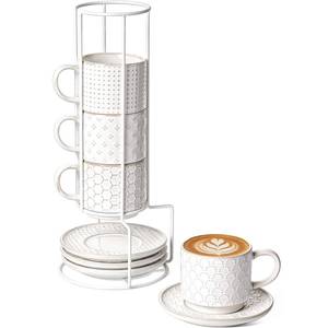 lot 778 image: LE TAUCI Stackable Cappuccino Cups with Saucers and Stand, 8 oz Large Ceramic Coffee Cup Set for Caf� Au Lait, Latte, Tea Cup and Saucer Set of 4, Microwave & Oven Safe, Embossed, White - Retail $41