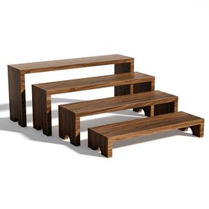 lot 780 image: MISSING SMALLEST TWO, SEE PHOTOS 2Tier Large Display Wooden Riser Stand 1 Set Decorative Rectangular Wood Racks 4 Pieces Stackable Perfume Organizer Cologne Stand Wood Dessert Table Display Set for Vendor Events (Dark Brown, 2PCS) - Retail $15